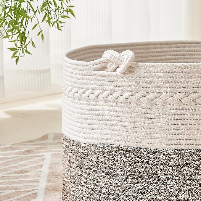 KAKAMAY Large Blanket Basket (20"x13"),Woven Baskets for storage Baby Laundry Hamper, Cotton Rope Blanket Basket for Living Room, Laundry, Nursery, Pillows, Baby Toy chest (White/Beige)