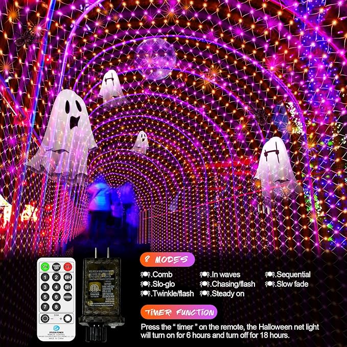 JXLEDAYY 200 LED Halloween Net Lights Outdoor Waterproof 3M*2M Mesh Lights Fairy String Lights Plug in with Timer 8 Modes for Bush Window Fence Garden Yard Roof Wall Decor-Purple and Orange