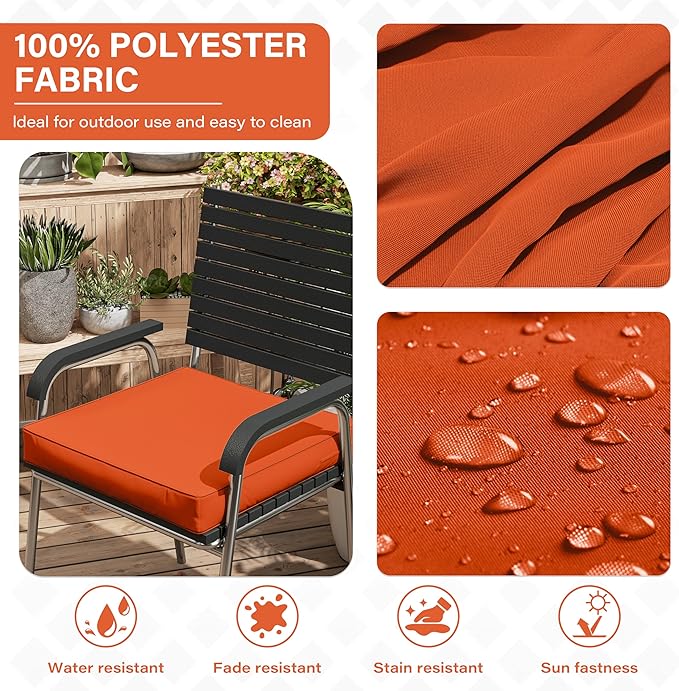 Patio Chair Cushions 17 X 16 X 3 Inch Waterproof Outdoor Seat Cushions for Patio Furniture, Outdoor Sofa Couch Pads with Ties & Handle, Set of 2, Orange