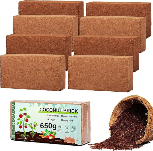 Premium Coco Coir Brick, 1.4Lbs High Nutrinent Coconut Soil, OMRI 100% Organic Low EC & PH Balanced Potting Soil for All Plants Gardening, Hydroponics and Green House (650G x 8)