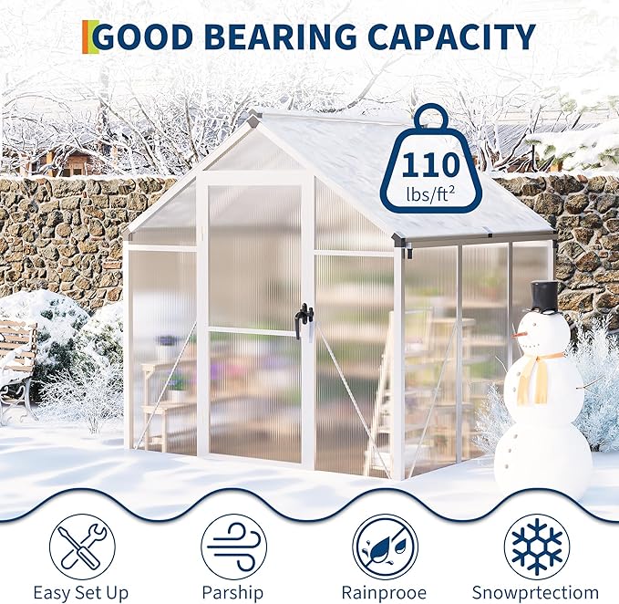 6 x 6 FT Greenhouse, Greenhouses for Outside, Polycarbonate Greenhouse with Aluminum Frame, Lockable Door and Ajustable Roof Vent for Backyard, Green Houses for Outside Garden Backyard, Patio