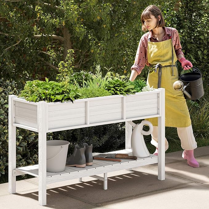 YITAHOME 48x18x30in Raised Garden Bed, Weather Resistant Poly Lumber Planter Box with Legs & Storage Shelf, Elevated Garden Bed for Yard, Garden, Balcony - White