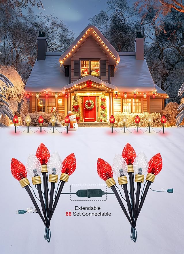 2 Pack Jumbo C9 Christmas Pathway Lights Outdoor - 8.5 Feet 5 C9 Walkway Lights, C7 Covered Jumbo Strawberry Red Bulb Christmas Decorations for Lawn Outside