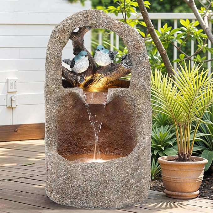 27" Outdoor Water Fountain with LED Lights,2-Tier Bird Natural Zen Garden Fountain, Relaxing Waterfall Floor, Yard, Porch or Deck Decor, Whether-Resistant, Faux Granite Texture
