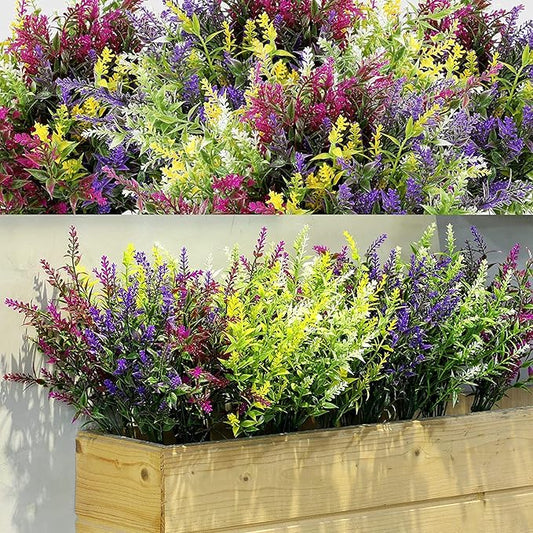 WILLBOND 12 Bundles Artificial Lavender UV Resistant Plants Outdoor Faux Flowers Shrubs for Floral Arrangement, Table Centerpiece, Home Garden Decor (Mixed Color)