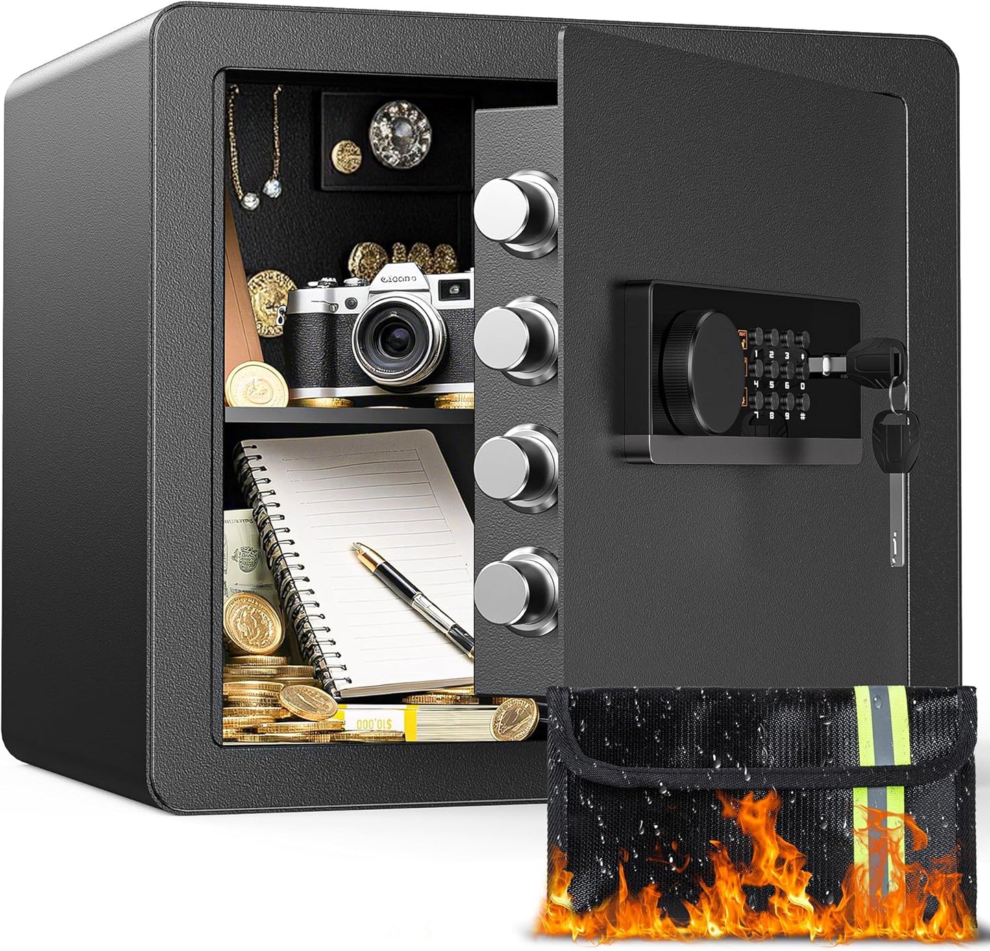 1.4 Cubic Feet Safe Box with Fireproof Waterproof Bag, Anti-theft Home Safe for Money Cash Documents Valuables, Digital Security Box with Alarm System, Electronic Keypad, Removable Shelf