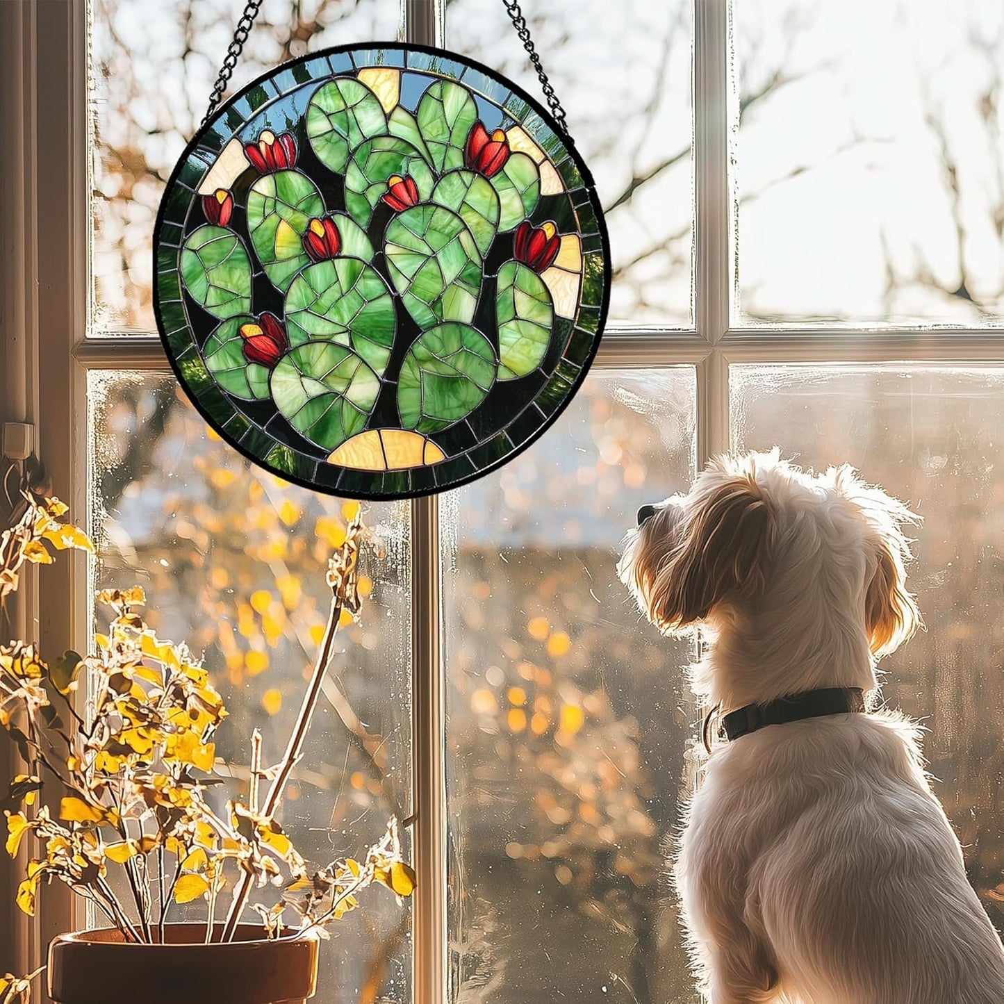 Stained Glass Window Hanging - Green Cactus Suncatcher for Doors Garden Patio Retro Plants Sun Catchers Decor Christmas Mother's Day Birthday Gifts for Women Men Mom Nana Friend 15 in