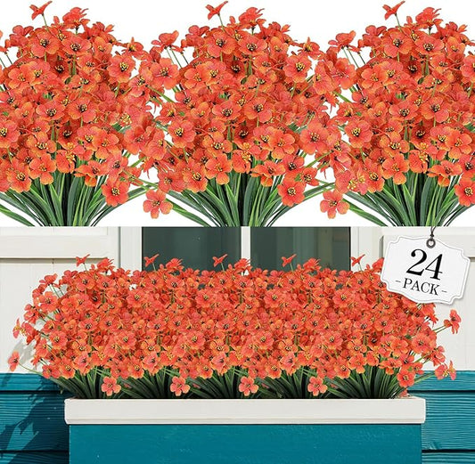 24 Bundles Artificial Fall Flowers Outdoor,No Fade Fake Plastic Flowers,Faux Autumn Plants for Thanksgiving Xmas Decor,Hanging Planters Indoor Outside Garden Porch Window Box Home Wedding