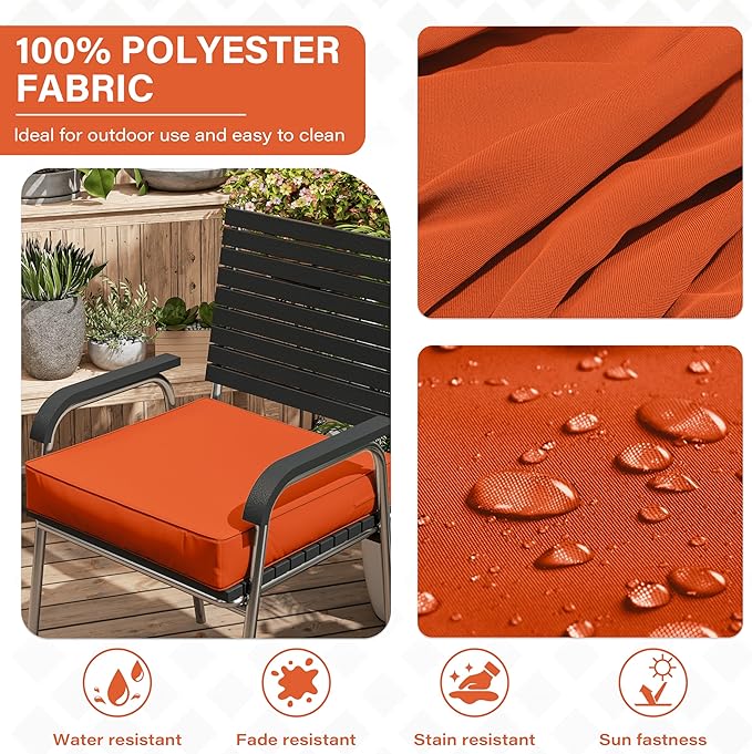 Patio Chair Cushions 19 X 19 X 4 Inch Waterproof Outdoor Seat Cushions for Patio Furniture, Outdoor Sofa Couch Pads with Ties & Handle, Set of 2, Orange