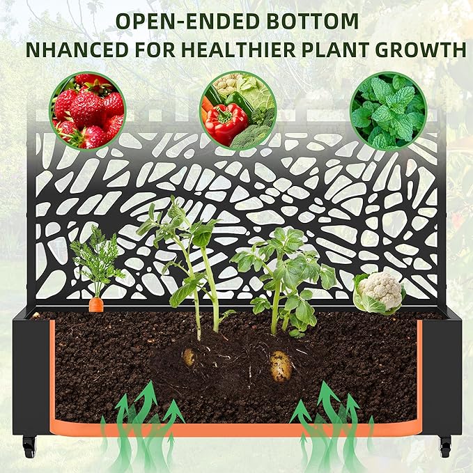 Casaphoria Metal Raised Garden Bed with Trellis and Wheels, 72"x47"x16" Planter Box for Climbing Plants, Vegetables & Vines, Features Drainage Holes and Privacy Screen, Black(Net&Helen)