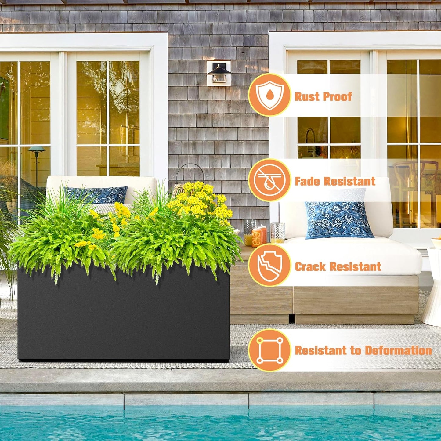 Rectangle Planter for Indoor & Outdoor, Tall and Long Planter Boxes with Drainage Holes, Mental Planter Box All-Weather Use for Plants, Flowers, 32" L x 10" W x 16.3" H, Black