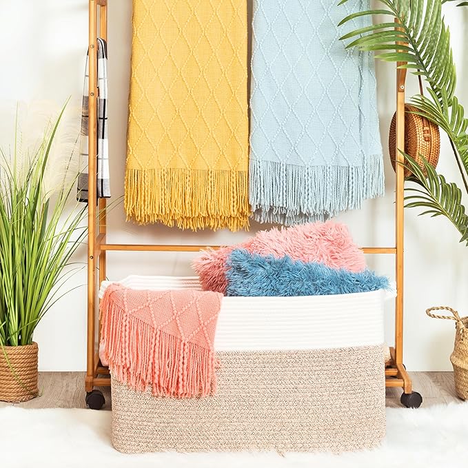 MINTWOOD Design 22in Extra Large Blanket Basket Holder Living Room, Rectangle Rope Woven Storage Basket with Handles for Laundry, Pool Towels, and Shoes, Dog Toy Organizer Bin Box, Light Brown