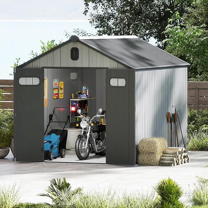 Domi 8x10FT Outdoor Resin Storage Shed with Transparent Windows & Louvered Vents, Plastic Tool Shed with Double Lockable Doors & Gable Roof, Outside Garden Shed for Backyard, Patio, Lawn, Grey