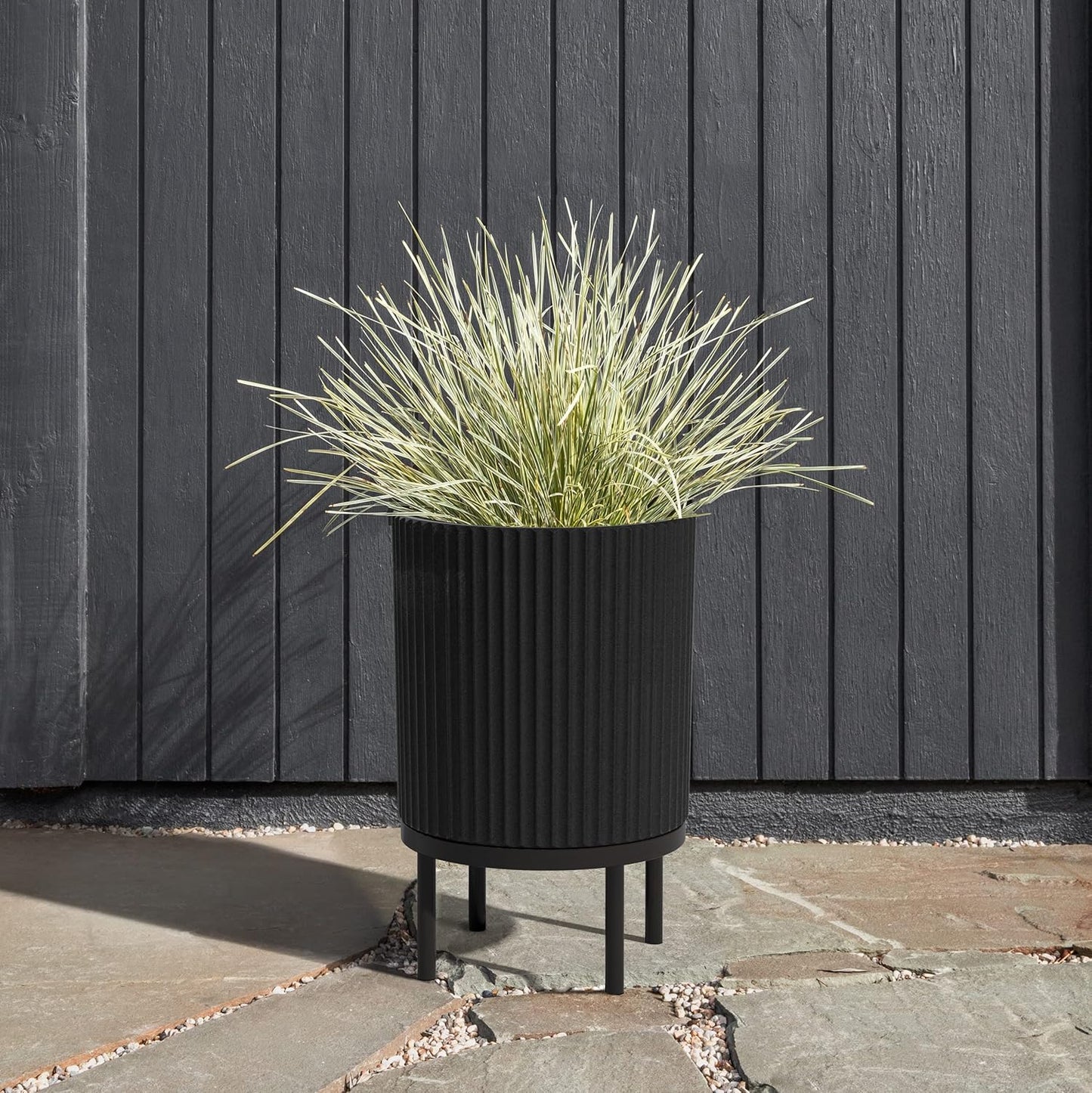 Veradek Demi Series Round Planter w/ Stand for Porch/Patio | Durable Plastic-Concrete & Wooden Stand | Modern Décor for Tall Plants, Flowers