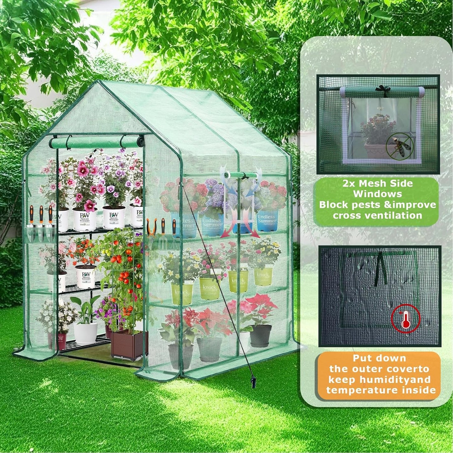 Walk-in Greenhouse w/ Roll-Up Zipper Door & Screen Windows-3 Tiers 12 Shelves 56x56x76“ PE Greenhouse for Outdoor Gardening Plants Cold Frost Protection Wind Rain Proof(PLGHW002G-N)