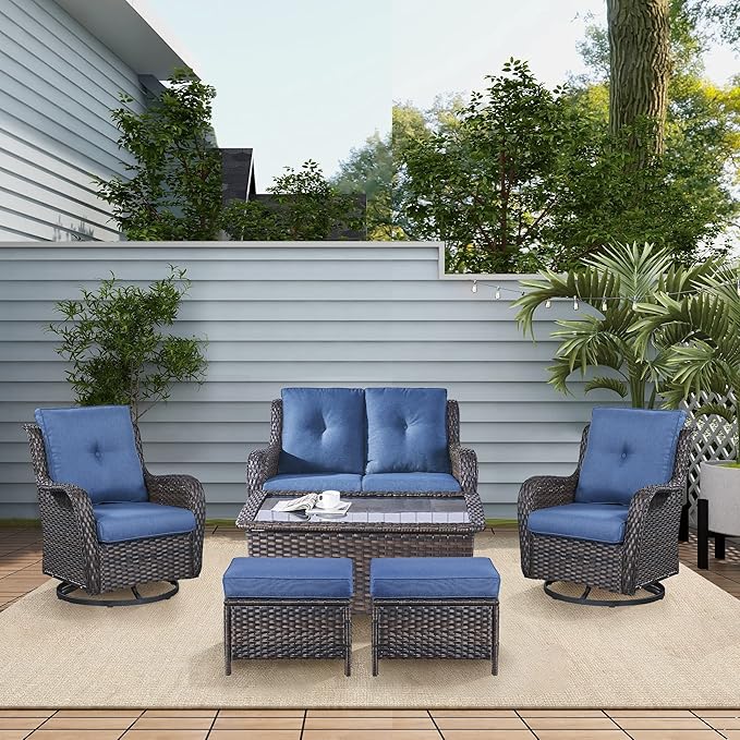 Wicker Outdoor Furniture Patio Furniture Set - 6 Piece Patio Conversation Set with Swivel Rocker Chairs, Loveseat Sofa, Ottomans and Coffee Table, Blue Cushion