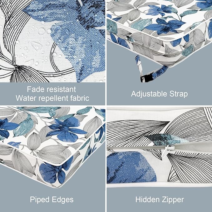 LVTXIII Patio Chair Cushions 22"x22"x3", Water-Repellent Outdoor Seat Cushions for Patio Furniture, Square Chair Pads with Ties for Home Garden Decoration, Set of 2, Clemens Noir Blue