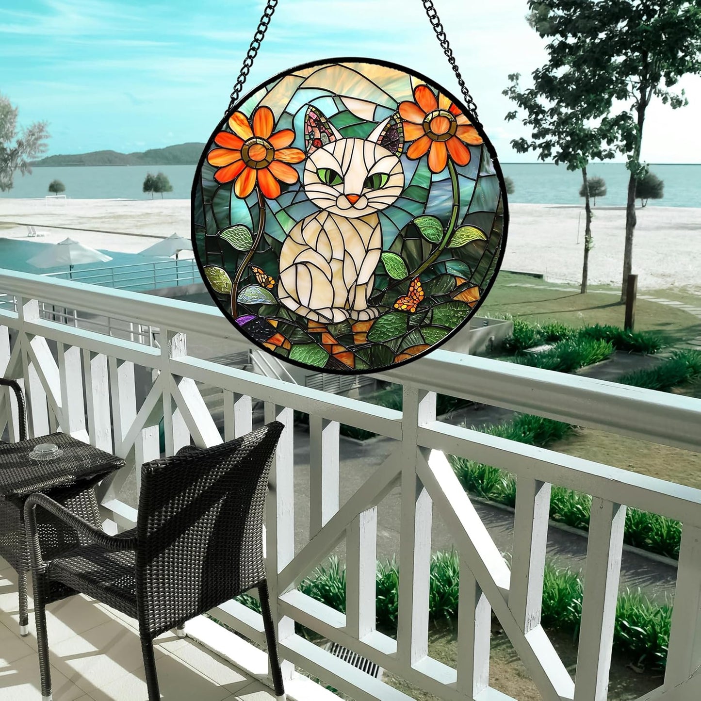 Stained Glass Window Hanging - White Cat Green Plants Orange Flowers Sun Catcher for Door Garden Home Decor Suncatcher Christmas Mother's Day Birthday Gifts for Women Men Mom Nana 11.8 in