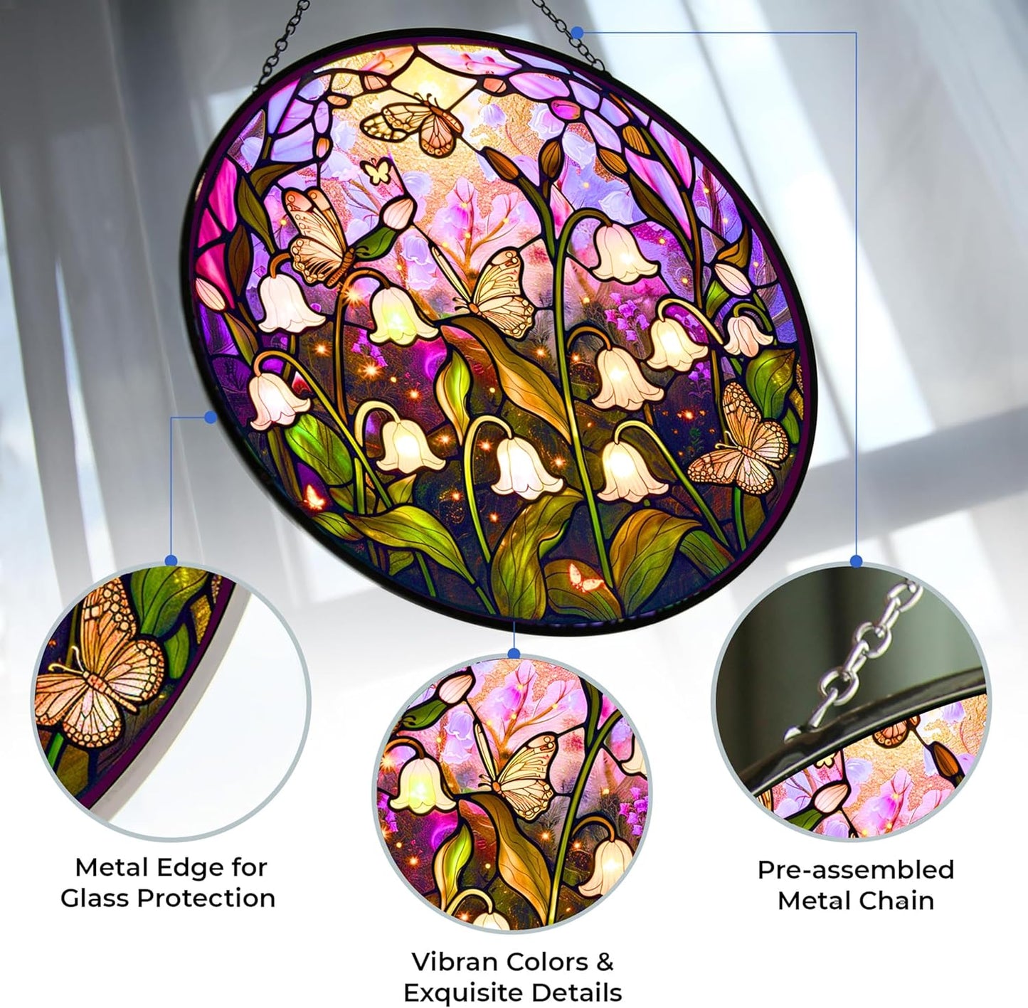 Lily Stained Glass Window Hanging, Lily of The Valley Flower Sun Catchers Colorful Glass Panel Green Plants Christmas Suncatcher Decor for Birthday for Women,Men,Wife, Lovers & Mom 6.3 in