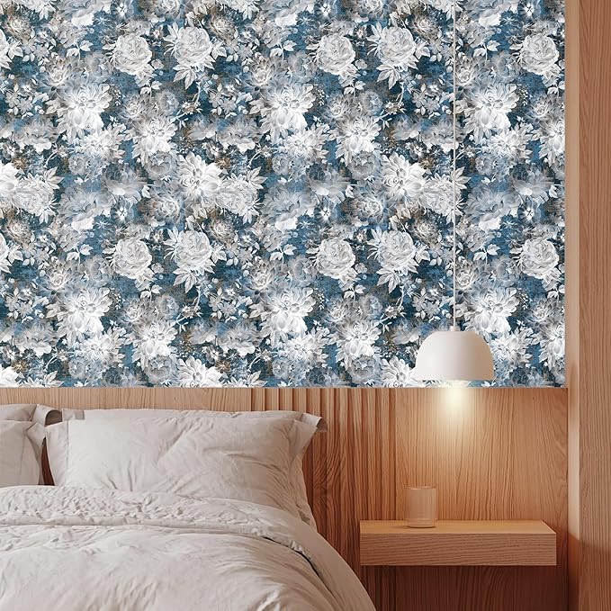 Vintage Garden Peel & Stick Floral Wallpaper - Removable White/Blue Vinyl Self Adhesive Mural - 17.7in x 9.84ft