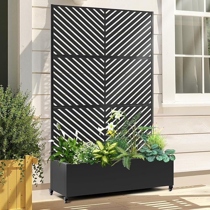 Raised Garden Bed with Trellis and Wheels,73"x47"x16" Metal Raised Garden Bed,Black Parallel Metal Planter with Climbing Trellis for Vines & Vegetables