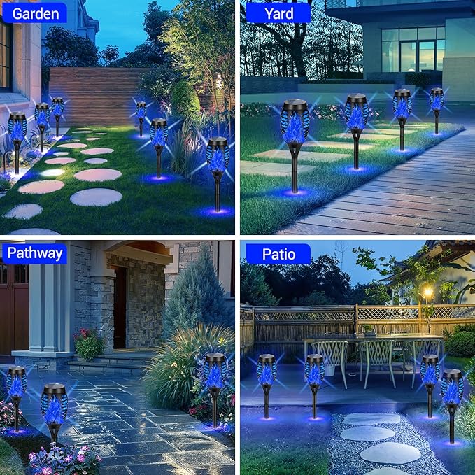 4 Pack Solar Torch Lights Outdoor Waterproof - Blue Flickering Flame, Outdoor Solar Garden Lights for Yard, Tiki Torches for Outside Patio Pathway Decorations