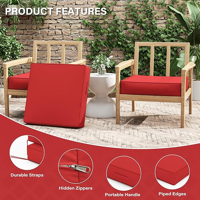 Patio Chair Cushions 24 X 24 X 5 Inch Waterproof Outdoor Seat Cushions for Patio Furniture, Outdoor Sofa Couch Pads with Ties & Handle, Set of 2, Red