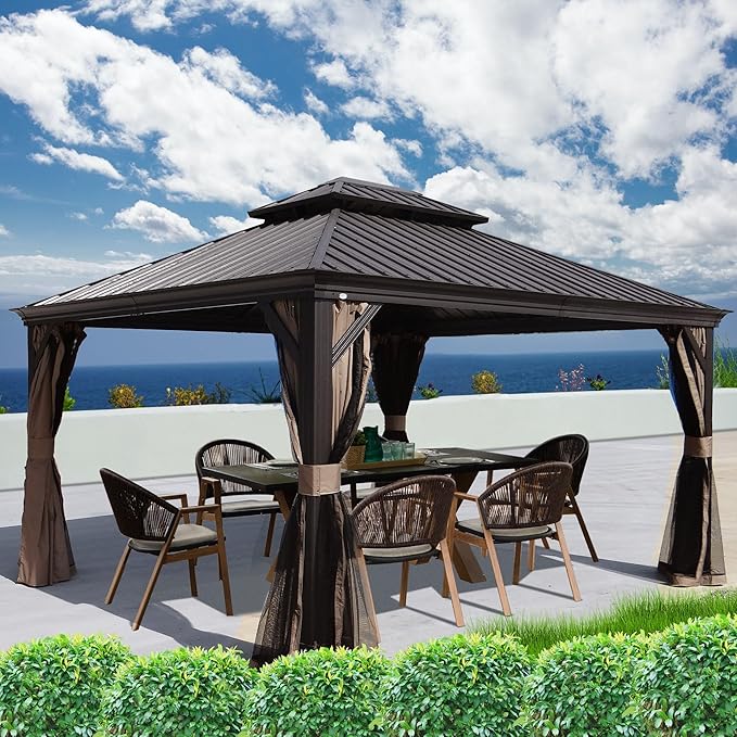 Kozyard Alexander Hardtop Aluminum Permanent Gazebo with a Mosquito Net and Privacy Sidewalls (Alexander 12'x14' (Brown)