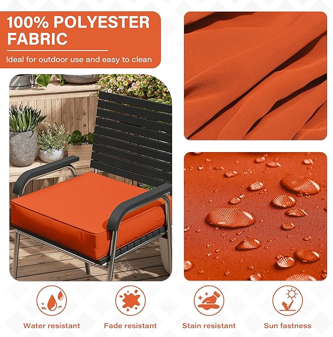 Patio Chair Cushions 24 X 24 X 5 Inch Waterproof Outdoor Seat Cushions for Patio Furniture, Outdoor Sofa Couch Pads with Ties & Handle, Set of 2, Orange