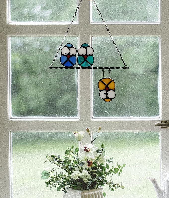 Multicolor Owl on a Wire Stained Glass Window Hanging, Bird Suncatcher for Windows Panels Hangings Hummingbird Ornament Decoration for Wall Home Garden Decor Bird Owl Gift for Owl Lovers