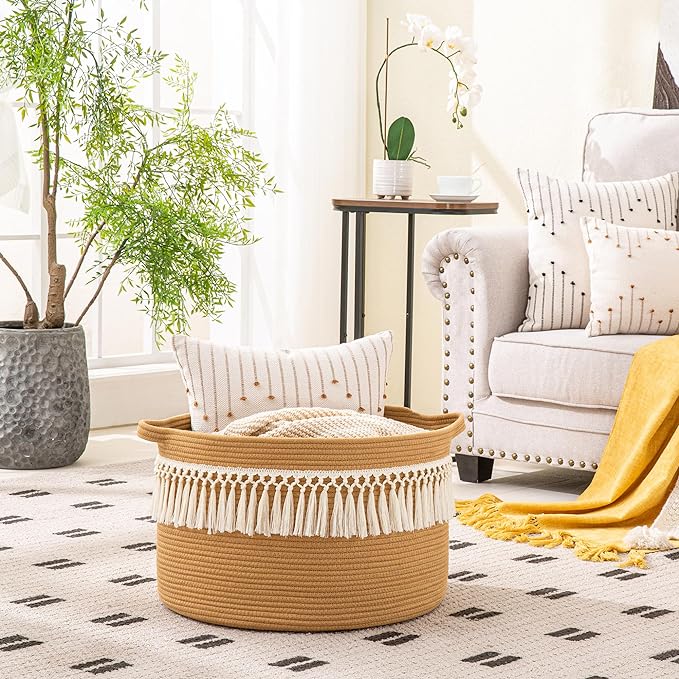 KAKAMAY Large Blanket Basket (20"x13"),Woven Baskets for storage Baby Laundry Hamper, Cotton Rope Blanket Basket for Living Room, Laundry, Nursery, Pillows, Baby Toy chest (Brown Fringe)