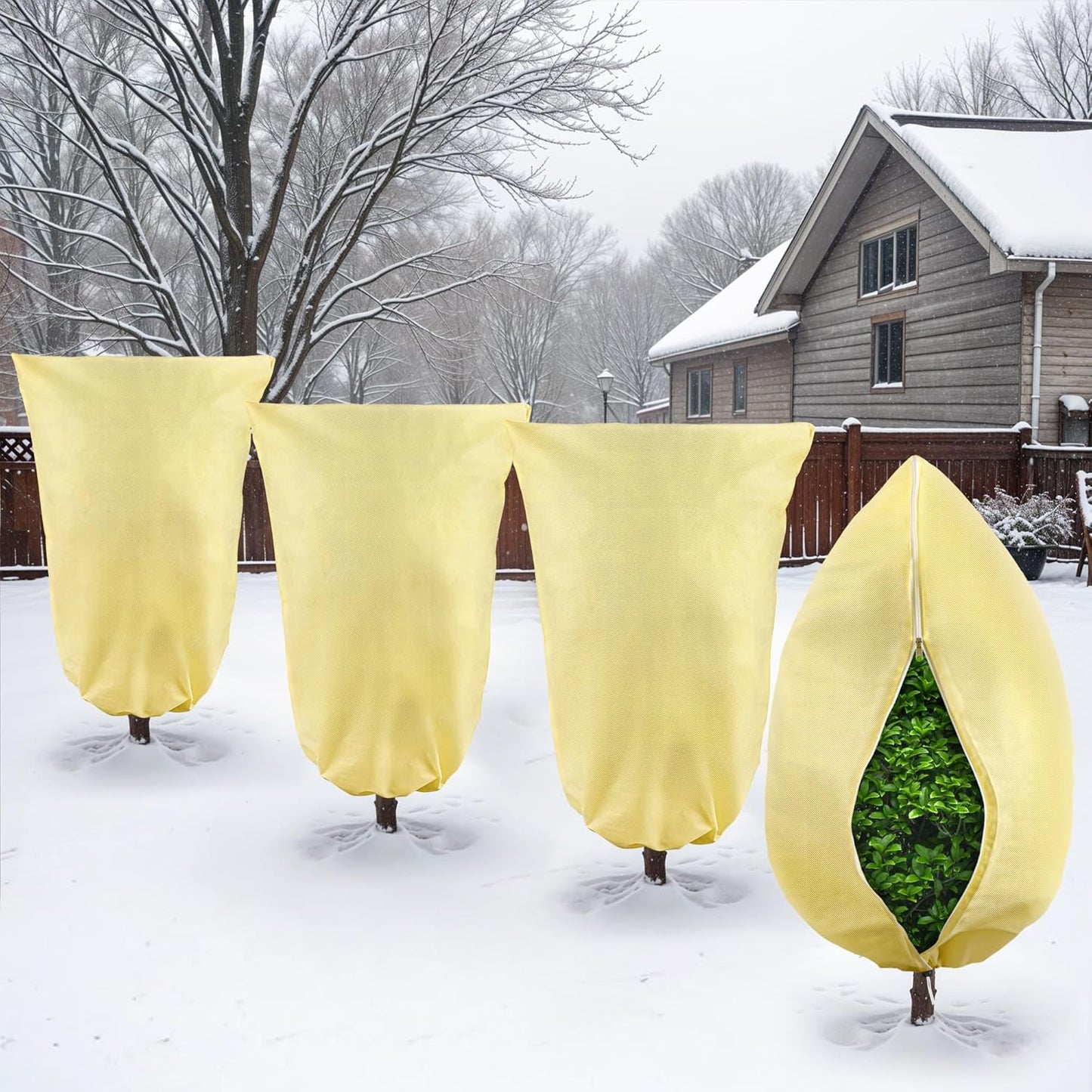 Plant Covers Freeze Protection, 4 Pack 32''× 47'' Beige Frost Cloths Blankets with Zipper Drawstring Shrub Tree Covers for Winter Outdoor Plants Freeze Protection