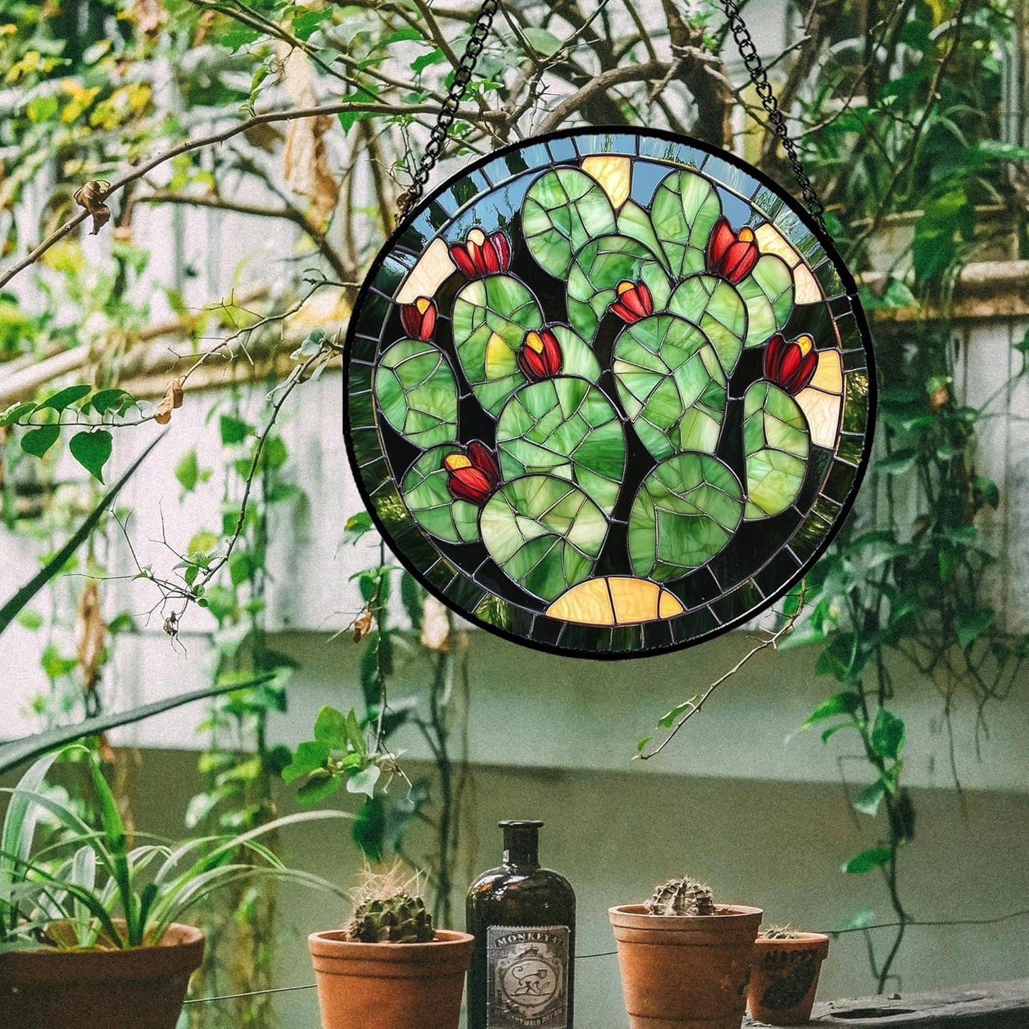 Stained Glass Window Hanging - Green Cactus Suncatcher for Doors Garden Patio Retro Plants Sun Catchers Decor Christmas Mother's Day Birthday Gifts for Women Men Mom Nana Friend 9.8 in