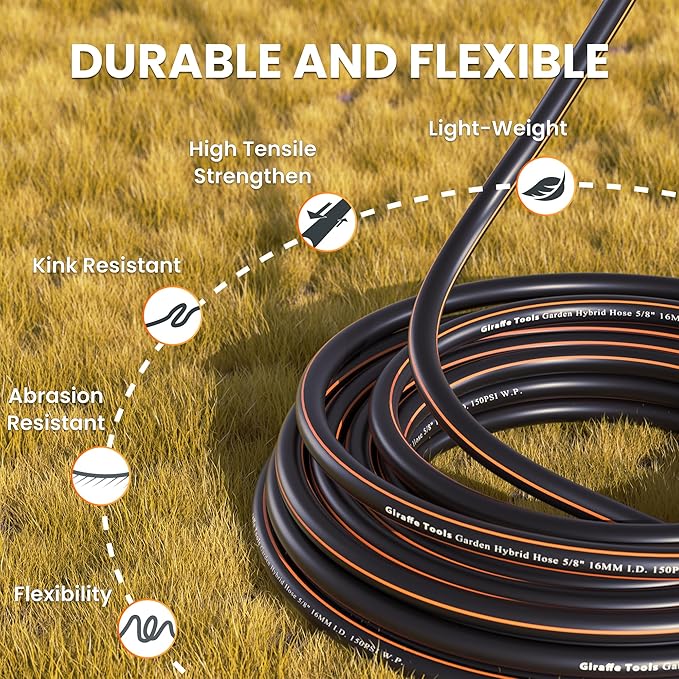 Giraffe Tools Garden Leader Hose 10ft x 5/8", Short Water Hose Heavy Duty, Flexible, Lightweight Hybrid Hose with Swivel Handle, Male to Female Fittings, Burst 600 PSI