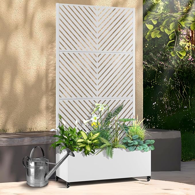 Raised Garden Bed with Trellis and Wheels,73"x35"x16" Metal Raised Garden Bed,White Parallel Metal Planter with Climbing Trellis for Vines & Vegetables