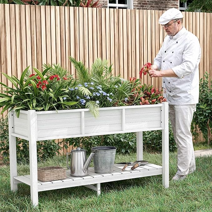 YITAHOME Raised Garden Bed, 47x18x31 Inch HIPS Poly-Wood Weather-Resistant Elevated Planter Box with Storage Shelf for Vegetable Flower, White