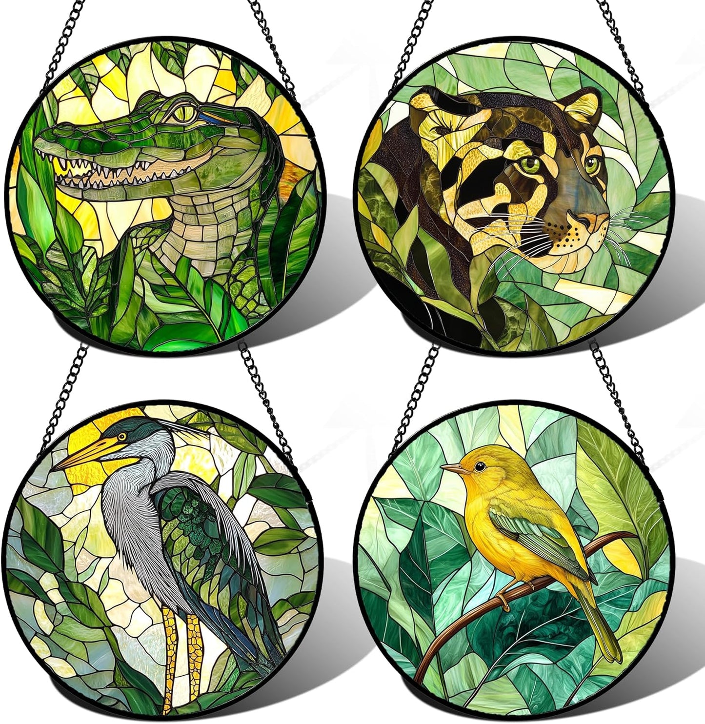 Stained Glass Window Hanging 4 Pcs Set Green Plants Animals Theme Large 15" - Bird Tiger Suncatcher Door Garden Sun Catcher Decor Birthday for Mom Woman Nana Men Friend