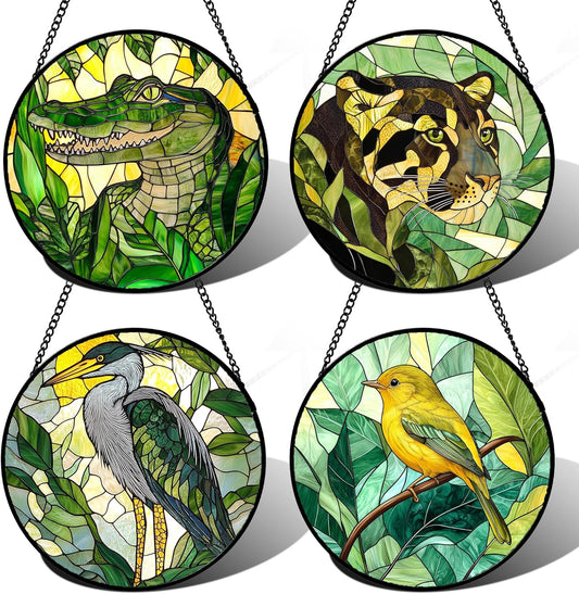 Stained Glass Window Hanging 4 Pcs Set Green Plants Animals Theme Large 15" - Bird Tiger Suncatcher Door Garden Sun Catcher Decor Birthday for Mom Woman Nana Men Friend