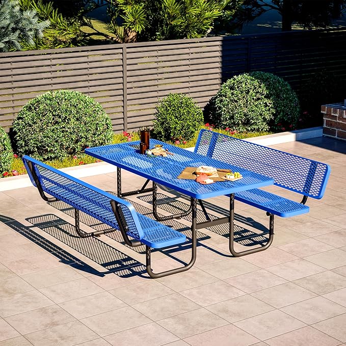 79'' Steel Rectangular Picnic Table for Outdoors, with backrest, Expanded, Lifetime Picnic Table with Umbrella Hole, Heavy Duty Sturdy Commercial Picnic Tables for Garden Courtyard BBQ, Blue