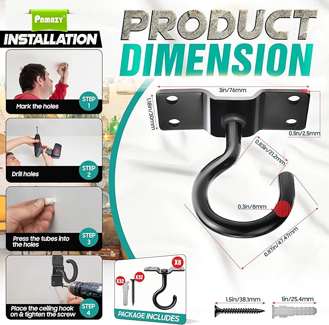 [Upgraded] 8Pcs 200LBS Rotatable Ceiling Hooks with 4 Screw Points Plate Base, Black Wall Mount Metal Hanger for Hanging Plants, Bird Feeders, Lanterns, Lights, Wind Chimes, Indoor Outdoor Decor