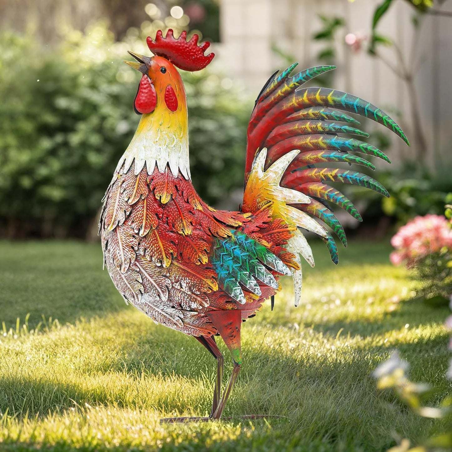 21in Metal Rooster Yard Decor, Outdoor Garden Statues, Metal Chicken Sculpture for Backyard Garden Patio Kitchen Décor