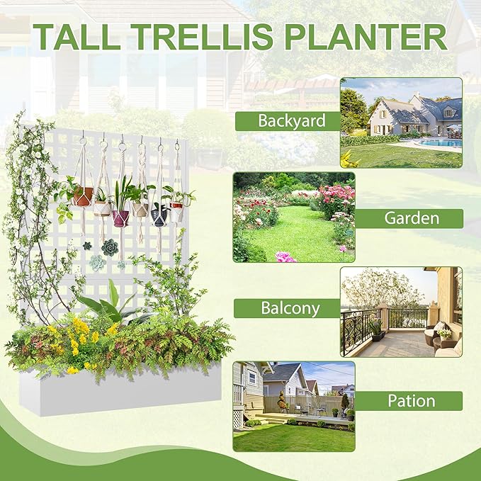 Metal Raised Garden Bed, Trellis Planters Bed with Drainage Holes for Climbing Plants, Vegetables Outdoor Privacy Screen with Planter Box 73"x47"x16", White