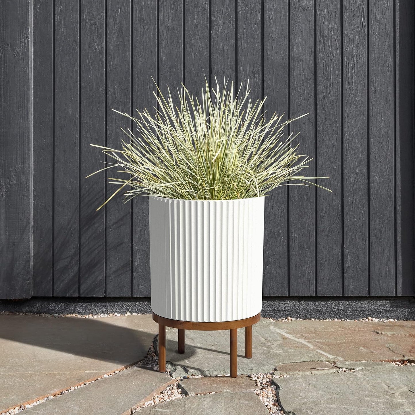 Veradek Demi Series Round Planter w/Stand for Porch/Patio | Durable Plastic-Stone Composite & Wooden Stand | Modern Décor for Tall Plants, Flowers