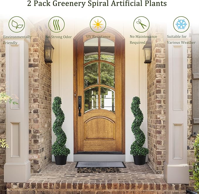 39 inchBoxwood Artificial Cedar Spiral Topiary Trees – Decorative Fake Greenery in Planter Pots for Front Porch, Outdoor Walkway, Entryway Decorating, Set of 2