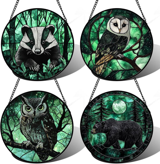 Stained Glass Window Hanging 4 Pcs Set Green Forest Night Sky Wildlife 6.3" - Suncatcher Door Garden Sun Catcher Decor Birthday for Mom Woman Nana Men Friend