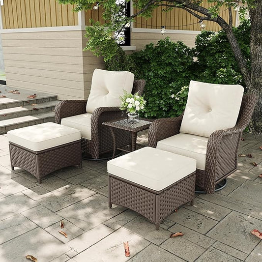 5 Pieces Outdoor Patio Furniture Sets with Rocking Swivel Chairs with 6-inch Thick Cushion and Side Table for Deck Lawn