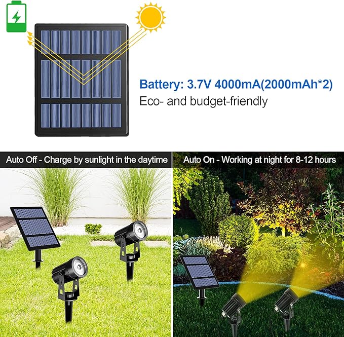 T-SUN Solar Spotlights 2W Outdoor LED Landscape Spot Light, 2-in-1 Waterproof Solar Powered Wall Lights Auto ON/Off with Dual Headlamp for Garden, Yard, Pathway(Warm White)