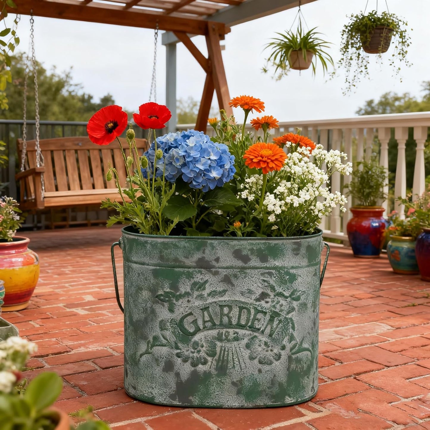 Vintage Distressed Green Metal Planter Pot with Handles, Garden No.2 Embossed Design, Rustic Farmhouse Flower Bucket for Indoor Outdoor Gardening, Succulents, Herbs, Home Decor