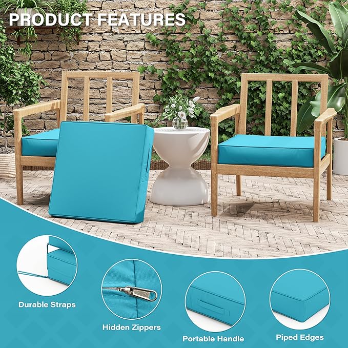 Patio Chair Cushions 22 X 22 X 4 Inch Waterproof Outdoor Seat Cushions for Patio Furniture, Outdoor Sofa Couch Pads with Ties & Handle, Set of 2, Lake Blue
