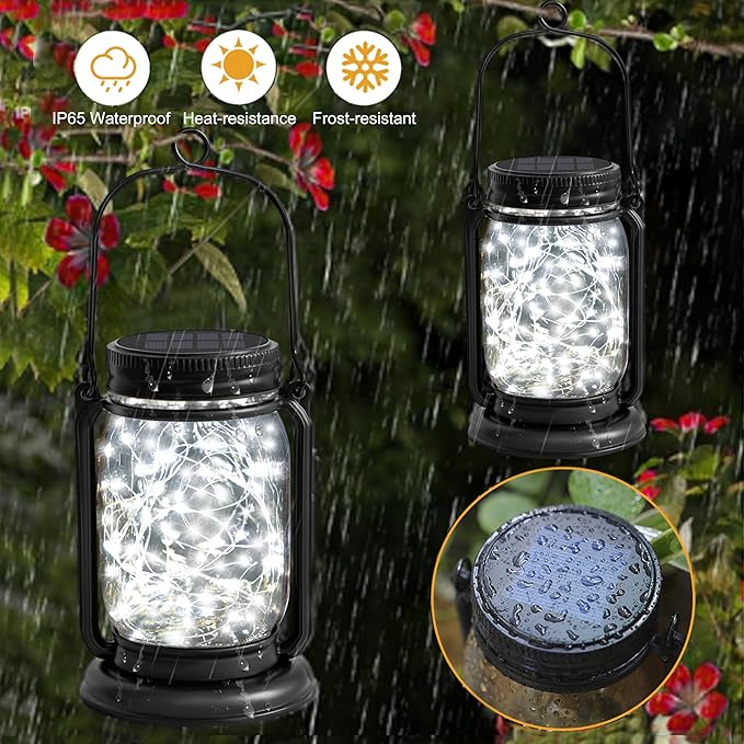 4 Pack Hanging Solar Lantern Lights, 30LED Vintage Glass Mason Jar Solar Fairy Lights Outdoor Decorative Waterproof Table Lamp with Stakes for Patio Yard Lawn Tree